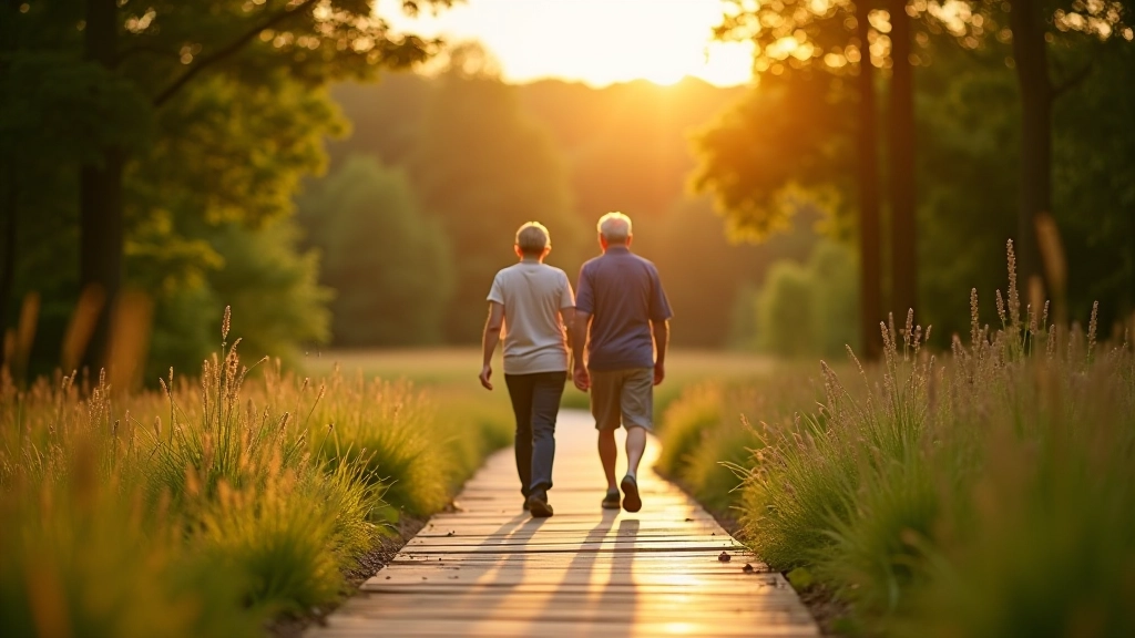 Seniori pārgāja pa dabas taku ar stīpiem laipām, vasaras vēluma gaisma, draudzīga atmosfēra