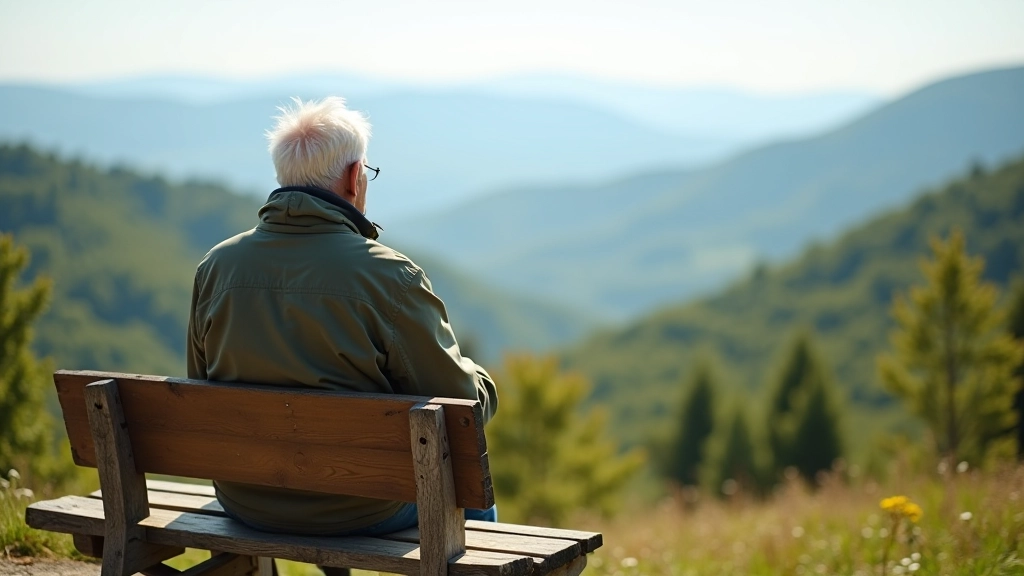 Seniora hikeris sēž uz dārza sola Pūķa kalns skatu punktā, skatoties uz Gauju