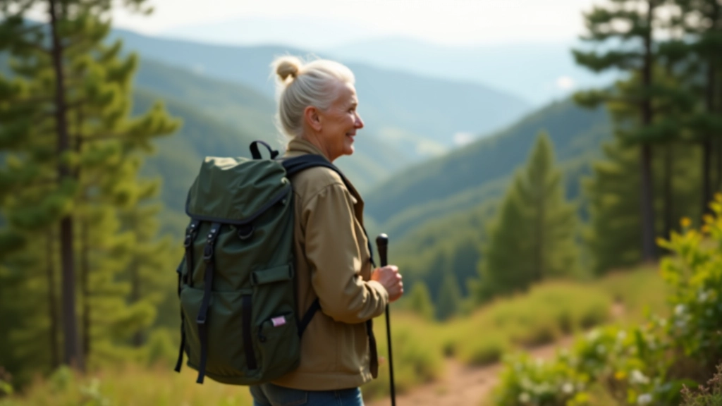 Senioru sieviete ar mugursomu paugura augšpusē, skatu uz Gaujas ieleju